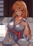  1girl absurdres bath_yukata breasts brown_hair cleavage commentary_request hair_ornament hairclip highres japanese_clothes kantai_collection kimono komb lamp large_breasts long_hair looking_at_viewer low_twintails one_eye_closed red_eyes sitting sliding_doors smile solo star_(symbol) striped striped_kimono tashkent_(kancolle) twintails wooden_floor yokozuwari yukata 
