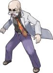  1boy bald belt belt_buckle blaine_(pokemon) brown_footwear buckle clenched_hand collared_shirt facial_hair full_body highres labcoat legs_apart long_sleeves lower_teeth male_focus mustache necktie official_art open_mouth orange_neckwear pants poke_ball_print pokemon pokemon_(game) pokemon_frlg purple_pants shirt shoes solo standing sugimori_ken tongue transparent_background white_hair 