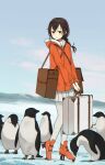  1girl animal annin_musou bird blush brown_eyes brown_hair closed_mouth clothes_writing commentary eyebrows_visible_through_hair hair_between_eyes jacket kantai_collection long_hair long_sleeves orange_jacket penguin pleated_skirt skirt solo souya_(kancolle) white_skirt 