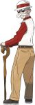  1boy bald belt blaine_(pokemon) brown_belt brown_footwear brown_pants cane facial_hair from_side full_body grin hands_together hat highres holding holding_cane long_sleeves looking_at_viewer looking_back male_focus mustache official_art pants pokemon pokemon_(game) pokemon_hgss red_legwear red_shirt shirt shoes smile socks solo standing teeth transparent_background vest white_headwear white_vest 