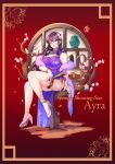  1girl absurdres ayra_(fire_emblem) bangs black_hair breasts china_dress chinese_clothes dress earrings fire_emblem fire_emblem:_genealogy_of_the_holy_war flower full_body grey_eyes hair_flower hair_ornament high_heels highres jewelry long_hair revolverwing sitting thigh_strap thighs 