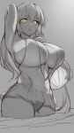  1girl alternate_breast_size annoyed arm_behind_head artoria_pendragon_(all) artoria_pendragon_(alter_swimsuit_rider)_(fate) ball beachball breasts eyebrows fate/grand_order fate_(series) greyscale highres hirasawa_seiji large_breasts long_hair monochrome sketch swimsuit tsundere work_in_progress yellow_eyes 