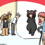  2boys 2girls animal_costume artist_name bangs bear_costume black_hair blunt_bangs boko_(girls_und_panzer) bowing camera cosplay flying_sweatdrops girls_und_panzer girls_und_panzer_senshadou_daisakusen! jaw_drop kogane_(staygold) kumamon kumamon_(cosplay) looking_at_another lowres multiple_boys multiple_girls nishizumi_shiho signature standing straight_hair 