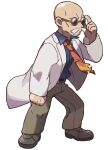  1boy adjusting_eyewear bald belt belt_buckle blaine_(pokemon) brown_footwear brown_pants buckle clenched_hand collared_shirt facial_hair hand_up labcoat long_sleeves male_focus mizutani_megumi mustache necktie official_art pants pokemon pokemon_(game) pokemon_lgpe red_neckwear shirt shoes solo standing sunglasses torn_neckwear transparent_background two-tone_neckwear white_hair yellow_neckwear 