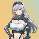  1girl alternate_costume blue_eyes bodysuit breasts character_name cleavage closed_mouth cz-805_(girls&#039;_frontline) eyebrows_visible_through_hair eyewear_on_head girls&#039;_frontline grey_hair hand_on_hip long_hair looking_away medium_breasts navel silver_hair smile solo tank_top ten_cws white_tank_top yellow_background 