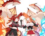  2girls ^_^ ahoge bare_arms bare_shoulders belt black_belt black_choker black_gloves black_skirt blonde_hair blue_fire breasts choker cleavage cleavage_cutout closed_eyes clothing_cutout dragon dragon_girl dragon_horns dragon_tail english_commentary facing_another fang fingerless_gloves fire fist_bump gloves hair_between_eyes highres hip_vent hololive horns kiryu_coco kiryu_coco_(dragon) kuroi_enpitsu large_breasts looking_at_another miniskirt multicolored_hair multiple_girls one_eye_closed open_mouth orange_hair pleated_skirt pointy_ears red_eyes red_hair red_skirt second-party_source side-tie_skirt simple_background single_sleeve skin_fang skirt smile spikes streaked_hair tail tied_hair trait_connection v vshojo white_background zentreya_(vtuber) 