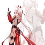  1girl ass behind_back black_gloves china_dress chinese_clothes dress fu_hua fu_hua_(phoenix) gloves hair_ornament highres honkai_(series) honkai_impact_3rd li376516233 long_hair looking_ahead ponytail red_gloves simple_background solo white_background white_hair 