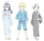  1girl 2boys :d :o :t ahoge bangs black_footwear black_hair black_kimono blonde_hair blue_eyes blue_kimono blue_shorts blush braid closed_mouth eyebrows_visible_through_hair fang green_eyes grey_hair hair_between_eyes highres izumo_kasumi_(nijisanji) japanese_clothes jewelry kamiyoshi_rika kimono long_hair long_sleeves looking_at_viewer multicolored_hair multiple_boys nijisanji obi open_mouth ring sash shorts simple_background sleeves_past_wrists smile standing streaked_hair striped suzuki_masaru uzuki_kou v-shaped_eyebrows vertical-striped_kimono vertical_stripes virtual_youtuber white_background wide_sleeves yellow_footwear zouri 