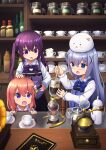  3girls :o black_skirt blue_eyes blue_vest cafe chestnut_mouth coffee_grinder coffee_maker_(object) coffee_mug cup gochuumon_wa_usagi_desu_ka? hand_on_hip highres hoto_cocoa indoors kafuu_chino long_sleeves menu mohei mug multiple_girls open_mouth purple_eyes purple_vest rabbit_house_uniform shirt skirt stirring tedeza_rize tippy_(gochiusa) vest white_shirt 