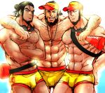  3boys abs arm_around_shoulder bara bare_pectorals beard black_hair boy_sandwich bulge chest_hair crossed_arms facial_hair golden_kamuy hairy hat highres kiroranke large_pectorals lifebuoy long_sideburns looking_at_viewer male_focus male_underwear manly mature_male multiple_boys muscular muscular_male nipples pectorals rikimatsu_ariko sandwiched scar scar_on_face shaved_head sideburns smile sparkle stubble swimsuit tanigaki_genjirou thick_eyebrows thighs underwear zazuzamushi 