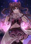  1girl :3 bangs black_bow black_legwear blue_eyes bow breasts brown_hair cleavage collarbone cowboy_shot eyebrows_visible_through_hair floating_hair garter_straps hair_between_eyes hair_bow highres ichinose_shiki idolmaster idolmaster_cinderella_girls idolmaster_cinderella_girls_starlight_stage jewelry layered_skirt long_hair medium_breasts midriff miniskirt miri_(roll) nail_polish navel necklace outdoors pink_nails plaid plaid_skirt purple_skirt shiny shiny_hair skirt solo standing stomach thighhighs very_long_hair wrist_cuffs zettai_ryouiki 