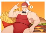  1boy absurdres apron bara blush burger clayten food french_fries highres jollibee jollibee_(mascot) large_pectorals looking_at_viewer male_cleavage male_focus muscular muscular_male naked_apron nipple_slip nipples oversized_food pectorals red_apron red_hair short_hair sideburns sidepec smile solo spiked_hair spread_legs thick_thighs thighs 