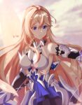  1girl absurdres armpits bangs bare_shoulders bianka_durandal_ataegina bianka_durandal_ataegina_(bright_knight:_excelsis) blonde_hair blue_eyes breasts cleavage closed_mouth elbow_gloves glass_shards gloves hair_between_eyes highres holding holding_weapon honkai_(series) honkai_impact_3rd long_hair looking_ahead polearm scratches solo spear sunset takeawatch weapon 