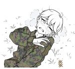  1girl blush camouflage camouflage_shirt eyebrows_visible_through_hair furrowed_brow grass grimace highres long_sleeves lying on_ground one_eye_closed open_mouth ostwindprojekt partially_colored shirt short_hair solo tearing_up tears tourniquet white_background 