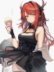  1girl arknights black_dress breasts chest_strap cleavage commentary_request dress food highres holding holding_food horns ice_cream looking_at_viewer medium_breasts pink_eyes red_hair revision simple_background sleeveless sleeveless_dress solo surtr_(arknights) tab_head white_background 