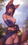  1girl animal_ears bangs belt blurry blurry_background breasts brown_hair bustier detached_collar elbow_gloves fingerless_gloves fox_ears fox_tail gloves highres lips long_hair looking_at_viewer medium_breasts multiple_tails nipples no_panties original outdoors pelvic_curtain pelvic_curtain_aside personal_ami pussy silver_eyes solo standing tail uncensored 
