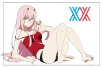  1girl adjusting_eyewear aqua_eyes bare_arms bare_legs barefoot black_shorts border breasts chromatic_aberration collarbone commentary_request darling_in_the_franxx feet full_body glasses grey_border hairband hand_up hari611 horns long_hair looking_at_viewer medium_breasts midriff_peek open_mouth pink_hair red_horns red_tank_top semi-rimless_eyewear short_shorts shorts solo strap_slip tank_top thighs under-rim_eyewear white_background white_hairband zero_two_(darling_in_the_franxx) 