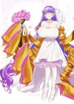  bare_shoulders bouquet breasts claws closed_eyes dress fate/grand_order fate_(series) flower gigantic_breasts hair_ribbon hamo8129 highres long_hair passionlip_(fate) pink_eyes purple_hair ribbon sleeveless sleeveless_dress smile standing strapless strapless_dress very_long_hair wedding_dress white_ribbon 