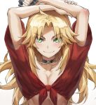  1girl black_choker blonde_hair breasts choker cleavage collarbone eyebrows_visible_through_hair fate/grand_order fate_(series) fingernails highres long_hair looking_at_viewer medium_breasts mordred_(fate) mordred_(fate)_(all) red_shirt shirt simple_background smile solo tied_shirt tonee upper_body white_background 