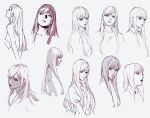  1girl bangs collarbone from_behind gigi_andalusia gundam gundam_hathaway&#039;s_flash hair_behind_ear long_hair looking_ahead looking_at_viewer looking_to_the_side monochrome multiple_views official_art open_mouth pablo_uchida production_art shaded_face sketch white_background 