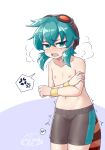  1boy ^^^ absurdres androgynous anger_vein bangs blush breath chinese_commentary collarbone crossdressing crossed_bangs embarrassed eyebrows_visible_through_hair fang flat_chest furrowed_brow goggles goggles_on_head green_eyes green_hair hair_between_eyes hat heart highres kemono_friends looking_at_viewer male_swimwear male_swimwear_challenge medium_hair miji_doujing_daile navel nipples nose_blush open_mouth shiny shiny_hair skin_fang solo spoken_anger_vein spoken_heart stomach swim_trunks tail tearing_up teeth topless trembling tsuchinoko_(kemono_friends) wristband 