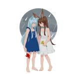  amiya_(arknights) animal_ear_fluff animal_ears arknights bangs bare_legs barefoot blue_choker blue_dress blue_eyes blue_hair brown_hair bunny_ears cat_ears cat_girl chinese_commentary choker closed_eyes closed_mouth cloud cloudy_sky commentary_request dress favilia feet flower frilled_dress frilled_sleeves frills full_body half-closed_eyes head_tilt holding legs long_hair looking_at_another open_mouth rabbit_girl rain rosmontis_(arknights) short_sleeves sidelocks silver_hair simple_background sky smile standing white_background white_dress yellow_flower 