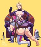  2girls absurdres belt black_gloves black_pants blonde_hair blue_eyes bodysuit boots breasts center_opening cirenk cleavage femdom fingerless_gloves gloves highres jaycee_(tekken) large_breasts leather multiple_girls nina_williams pants short_hair sidelocks simple_background skin_tight tekken tekken_tag_tournament_2 thigh_boots thighhighs white_gloves yellow_background 