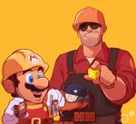  3boys :d ?_block black_overalls blue_eyes brown_hair chain_chomp collared_shirt crossover dispenser_(team_fortress) english_commentary facial_hair flapdoodlez giant gloves goggles grin hardhat helmet holding_person male_focus mario mario_(series) multiple_boys mustache open_mouth overalls red_overalls red_shirt shirt short_hair signature simple_background size_difference smile super_mario_maker team_fortress_2 the_engineer the_scout upper_teeth white_gloves yellow_background yellow_shirt 