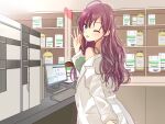  1girl :3 :p absurdres ahoge bare_shoulders blue_eyes blush bottle brown_hair coat commentary_request computer green_shirt highres ichinose_shiki idolmaster idolmaster_cinderella_girls labcoat long_hair medicine_bottle nuko-1111 off_shoulder ok_sign one_eye_closed pharmacy shirt solo tongue tongue_out wavy_hair white_coat 