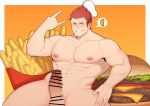  1boy abs absurdres bar_censor bara blush burger censored clayten completely_nude erection food french_fries highres hot_dog jollibee jollibee_(mascot) large_pectorals looking_at_viewer male_cleavage male_focus muscular muscular_male navel nipple_slip nipples nude oversized_food pectorals penis red_hair short_hair sideburns sidepec smile solo spiked_hair spread_legs stomach thick_thighs thighs veins veiny_penis 