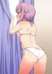  1girl ass back bangs bare_arms bare_shoulders bikini blush breasts brown_eyes closed_mouth commentary_request cowboy_shot curtains eyebrows_visible_through_hair fitting_room halterneck idolmaster idolmaster_cinderella_girls koshimizu_sachiko peeking_out purple_hair ribbon sakaki_imasato short_hair side-tie_bikini small_breasts solo string_bikini swimsuit white_bikini white_ribbon 