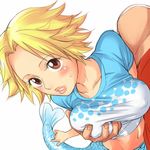 1girl blonde_hair blush breast_grab breasts brown_eyes camie grabbing hetero large_breasts lips looking_at_viewer mermaid midriff monster_girl mosha one_piece parted_lips shirt short_hair sweatdrop taut_clothes taut_shirt white_background 