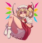  blonde_hair blush bobby_socks cameltoe face fat_mons flandre_scarlet floating highres looking_at_viewer nada_haruka open_mouth panties pantyshot petticoat red_eyes side_ponytail simple_background socks solo touhou underwear upskirt 