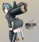  aircraft airplane black_legwear character_name dress green_eyes green_hair hairband jet leaning_forward mecha_musume mig-7.01 military missile ne_hostler open_mouth original personification puffy_sleeves short_hair solo suggestive_fluid sweat tears thighhighs 