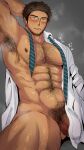  1boy abs absurdres armpit_hair armpits bara bare_pectorals beard blush bulge chest_hair facial_hair flaccid glasses groin hairy hashikure44 highres large_pectorals leg_hair looking_at_viewer male_focus male_pubic_hair mature_male muscular muscular_male naked_shirt navel navel_hair necktie necktie_removed nipples open_clothes open_shirt original pectorals penis_peek pubic_hair reward_available shirt short_hair sideburns solo stomach stubble thick_thighs thighs 