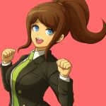  1girl :d asahina_aoi bangs black_jacket blue_eyes breasts brown_hair clenched_hands collared_shirt commentary_request danganronpa_(series) danganronpa_3_(anime) green_neckwear gunjo_dusk hair_ornament hands_up jacket large_breasts long_hair long_sleeves looking_at_viewer lowres necktie open_mouth ponytail red_background shirt simple_background smile solo upper_teeth white_shirt 