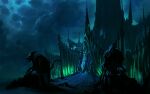  absurdres castle cloud cloudy_sky commentary english_commentary glowing glowing_eye green_theme highres legendarium long_tongue minas_morgul night no_humans philipp_urlich road scenery sky statue tail the_lord_of_the_rings tongue tower 