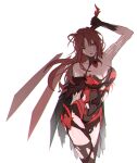  1girl alternate_eye_color armpits bare_shoulders black_gloves breasts cleavage gloves highres holding holding_sword holding_weapon honkai_(series) honkai_impact_3rd leggings looking_at_viewer messy_hair murata_himeko murata_himeko_(vermillion_knight) red_eyes red_hair sany_(sanykko) simple_background solo sword torn_clothes torn_legwear weapon white_background 