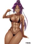  1girl abs artist_name bikini bleach breasts collarbone commentary_request dark_skin highres large_breasts long_hair looking_at_viewer masamune_oekaki muscular muscular_female navel parted_lips ponytail purple_hair shihouin_yoruichi simple_background sitting solo string_bikini swimsuit teeth watermark white_background yellow_eyes 