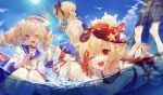  animal barbara_pegg barefoot blonde_hair clouds crab genshin_impact hat klee_(genshin_impact) kuroduki lumine_(genshin_impact) pointed_ears ponytail purple_eyes red_eyes sky sunglasses topless twintails water wink 