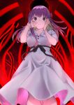  1girl absurdres breasts commentary_request dress facing_viewer fate/stay_night fate_(series) hair_ribbon hands_on_own_face hands_up highres looking_at_viewer matou_sakura medium_breasts official_alternate_costume parted_lips puffy_short_sleeves puffy_sleeves purple_eyes purple_hair red_ribbon ribbon short_sleeves solo takubon white_dress 