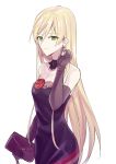  1girl absurdres bag bare_shoulders black_gloves blonde_hair breasts closed_mouth collarbone cross cross_earrings dress dress_flower earrings elbow_gloves eyebrows_visible_through_hair feet_out_of_frame girls&#039;_frontline gloves green_eyes highres holding holding_bag holding_ear jewelry long_hair looking_at_viewer purple_dress small_breasts smile solo standing stg44_(girls&#039;_frontline) suprii white_background 