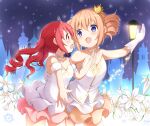  2girls :d absurdres bangs bare_shoulders blue_eyes blush brown_hair brown_skirt collarbone commentary_request crown dress drill_hair eye_contact eyebrows_visible_through_hair flower gloves gochuumon_wa_usagi_desu_ka? hair_between_eyes hand_up highres hoto_cocoa lamppost long_hair looking_at_another mini_crown multiple_girls natsu_megumi open_mouth pink_skirt pleated_skirt profile red_eyes red_hair skirt smile stick_jitb tiara tilted_headwear twin_drills twintails white_dress white_flower white_gloves 