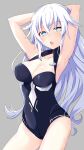  1girl absurdres armpits arms_up bare_shoulders black_heart blue_eyes blush breasts cleavage eyebrows_visible_through_hair highres iwashi_dorobou_-r- long_hair looking_at_viewer medium_breasts neptune_(series) solo symbol-shaped_pupils very_long_hair weapon white_hair 
