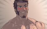  1boy bara blue_eyes blush brown_hair completely_nude face facial_hair fate/grand_order fate_(series) goatee long_sideburns male_focus mature_male monmonhomon muscular muscular_male napoleon_bonaparte_(fate) naughty_face nude pectorals raised_eyebrow short_hair sideburns solo upper_body 