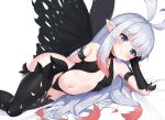  1girl 2drr anne_(bravely_second) antenna_hair arm_behind_back black_footwear black_gloves black_legwear black_leotard blue_eyes blush boots bravely_default_(series) bravely_second:_end_layer breasts butterfly_wings center_opening cheek_rest commission commissioner_upload fairy gloves highleg highleg_leotard legs leotard long_hair lying on_side pixiv_request pointy_ears silver_hair smile solo thigh_boots thighhighs thighs wings 