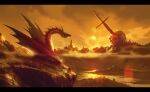  absurdres cloud cloudy_sky commentary dragon english_commentary forest highres kalmahul letterboxed mountainous_horizon nature no_humans orange_sky original oversized_object planted planted_sword scenery sepia skull sky sun sunset sword valley weapon wyvern 