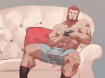  1boy abs absurdres bara beard blue_male_underwear boxers bulge commission couch facial_hair fate/grand_order fate/zero fate_(series) guoguo handheld_game_console highres iskandar_(fate) large_pectorals looking_at_viewer male_focus male_underwear mature_male muscular muscular_male navel_hair on_couch pectorals red_eyes red_hair short_hair smile socks solo spread_legs stomach underwear underwear_only 
