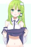  1girl :p absurdres bare_shoulders blush breasts clothes_lift detached_sleeves green_eyes green_hair hair_ornament hair_tubes highres kochiya_sanae lifted_by_self light_blue_background long_hair looking_at_viewer medium_breasts navel shirt simple_background skirt skirt_lift snake_hair_ornament solo stigma1101 tongue tongue_out touhou white_shirt 