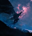 anato_finnstark ancalagon cloud cloudy_sky dragon earendil from_side glowing glowing_eye highres legendarium mountain no_humans open_mouth red_sky scenery sky stone the_lord_of_the_rings 